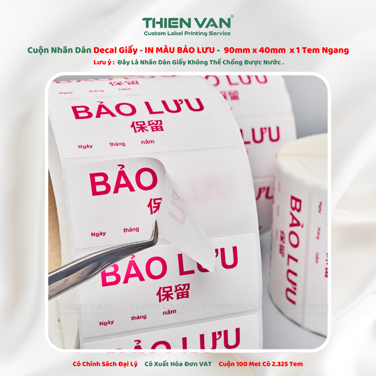90mm x 40mm x 1 Tem Ngang  Decal Cuộn Nhuộm Màu Hồng In Thông Tin Bảo Lưu