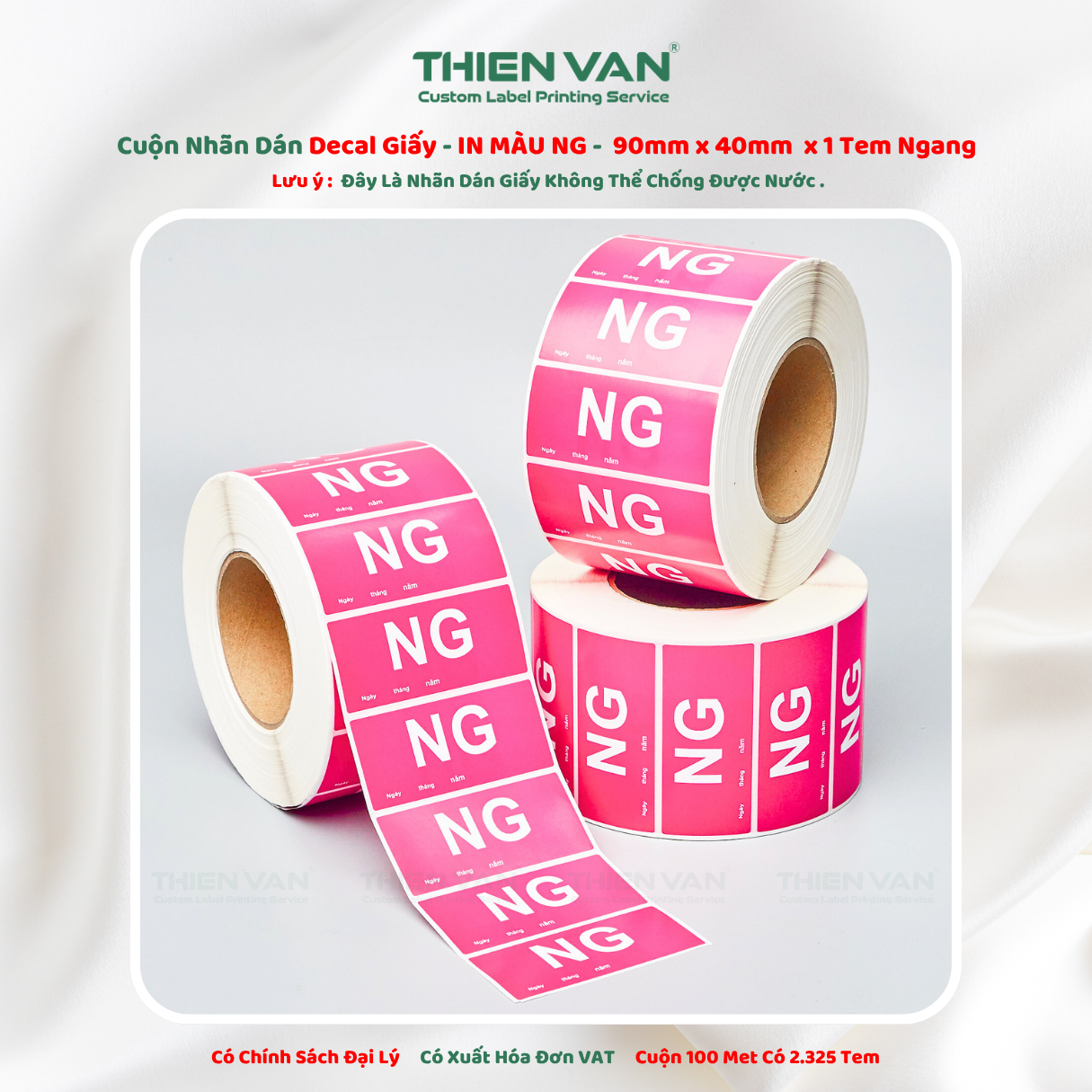 90mm x 40mm x 1 Tem Ngang  Decal Cuộn Nhuộm Màu Hồng In Thông Tin NG