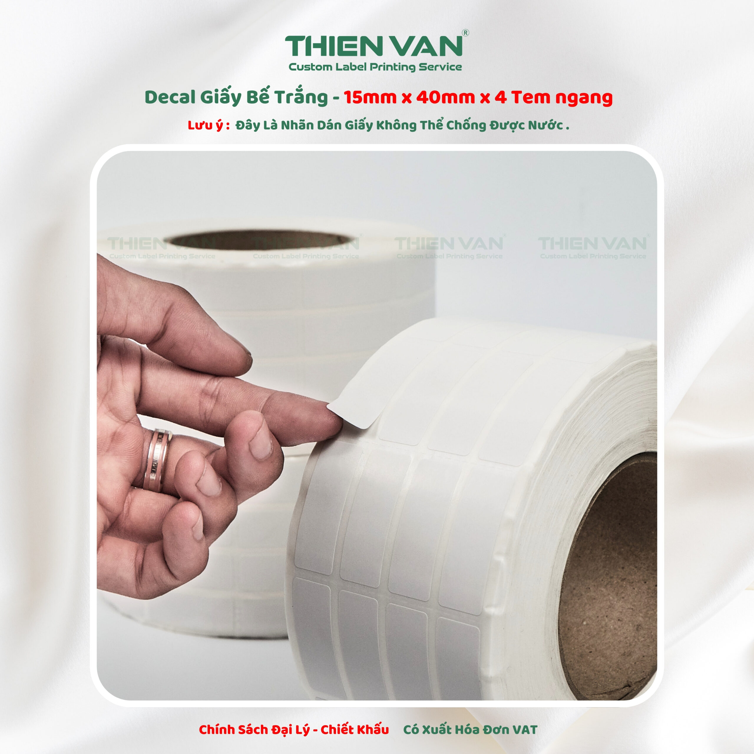 15mm x 40mm x 4 Tem Ngang - Decal Cuộn Bế Trắng