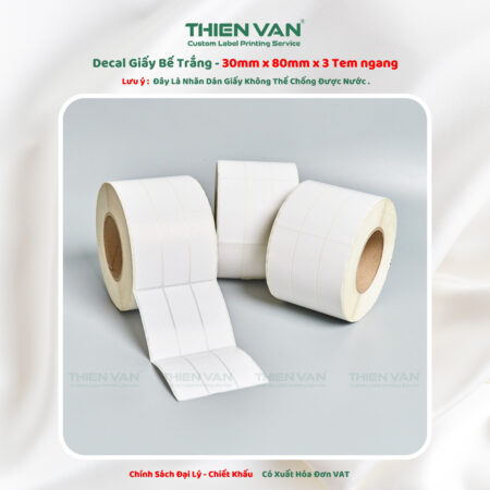 30mm x 80mm x 3 Tem Ngang - Decal Cuộn Bế Trắng