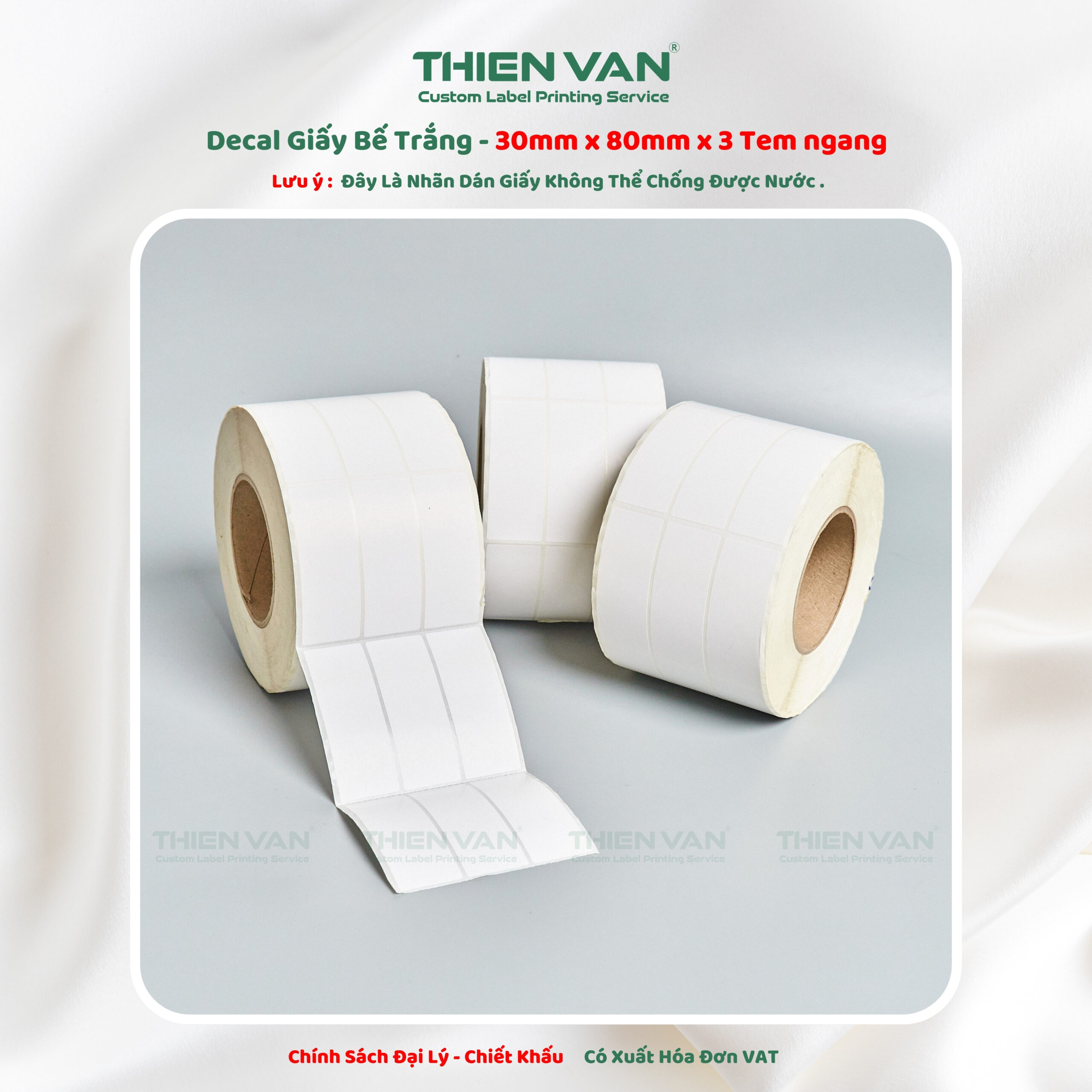 30mm x 80mm x 3 Tem Ngang - Decal Cuộn Bế Trắng