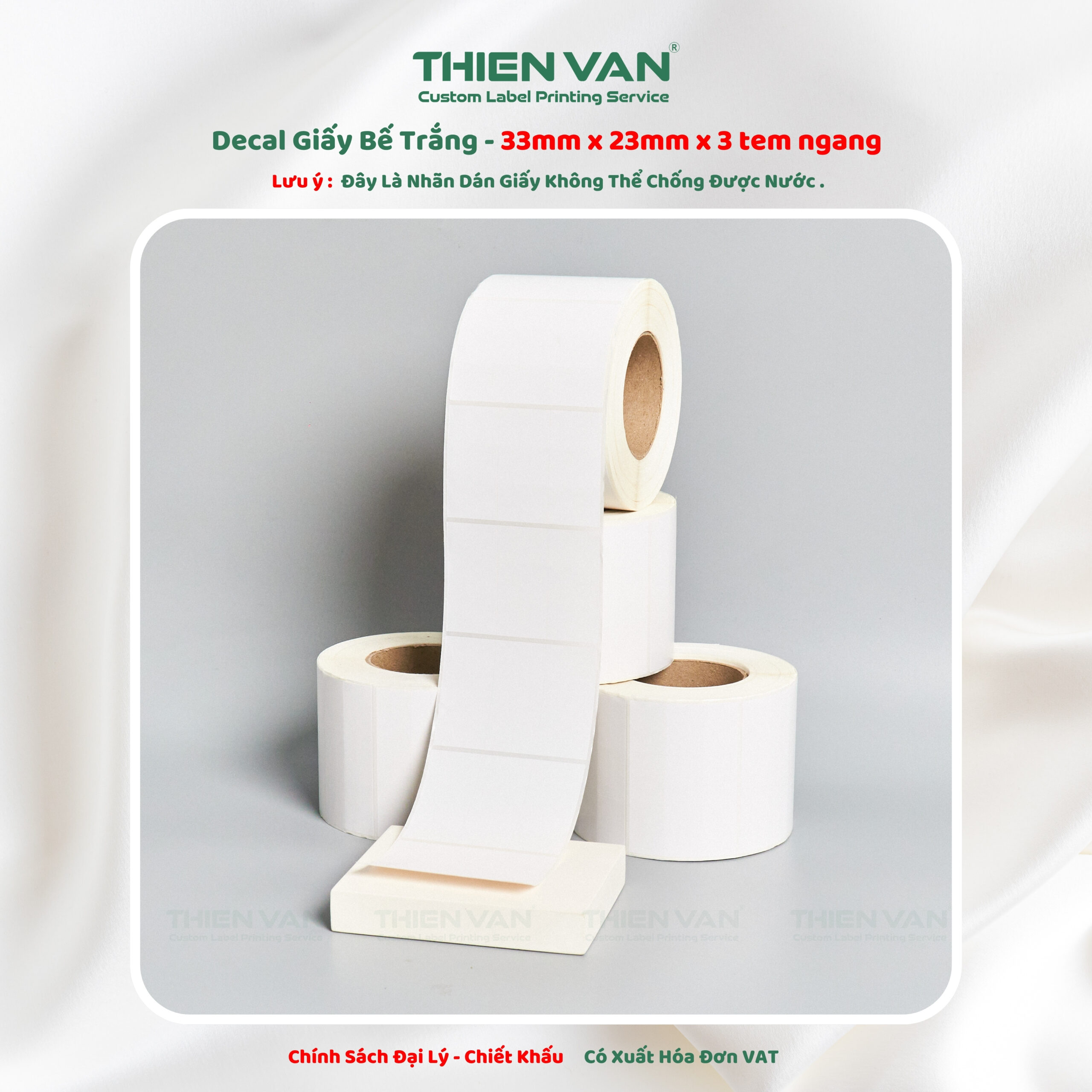33mm x 23mm x 3 Tem Ngang - Decal Cuộn Bế Trắng