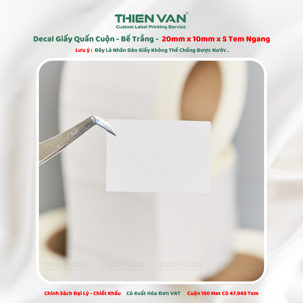 20mm x 10mm x 5 Tem Ngang - Decal Cuộn Bế Trắng