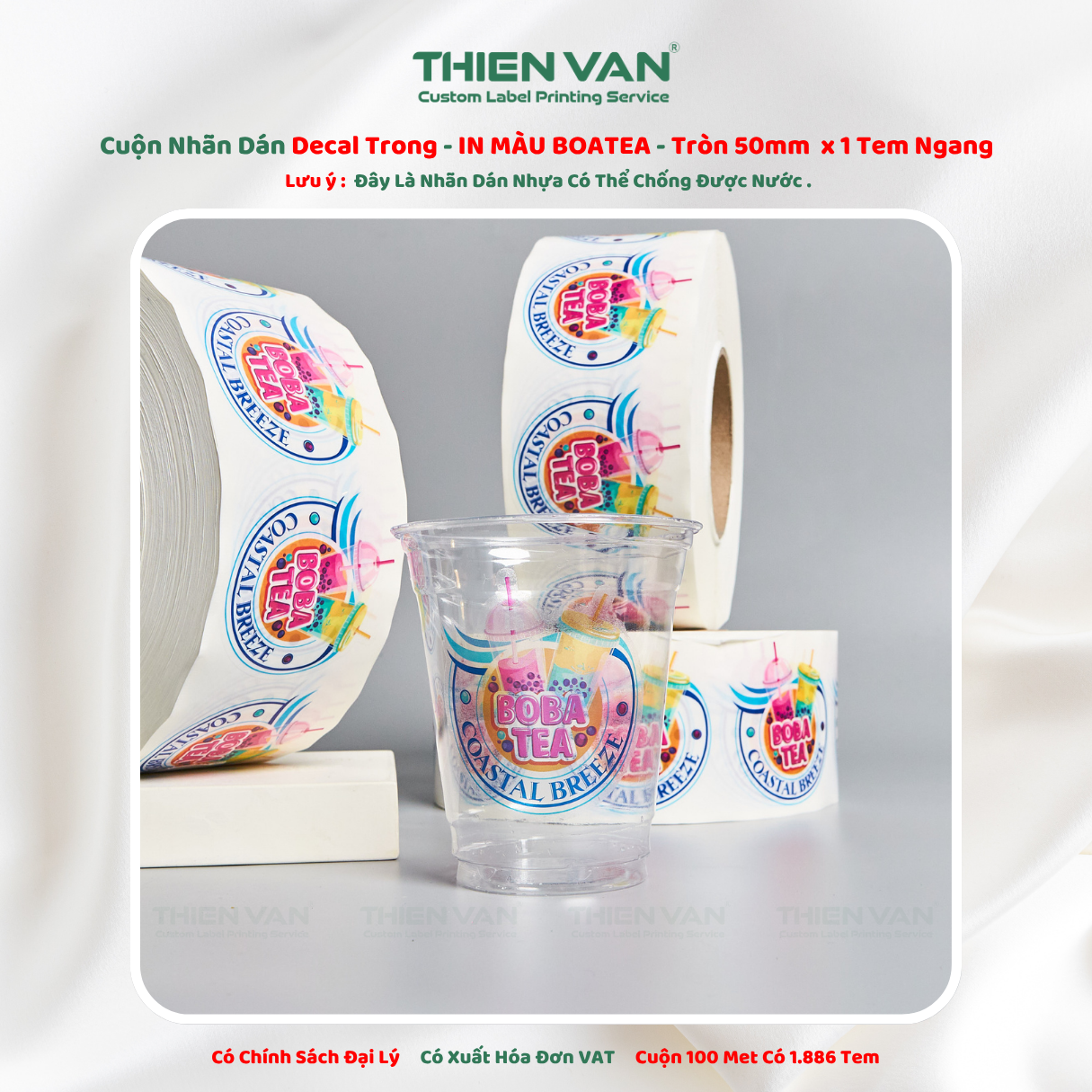 67mm x 70mm x 1 Tem Ngang  Decal Trong Quấn Cuộn In Thông Tin BOBA TEA