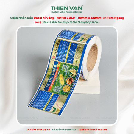 98mm x 220mm x 1 Tem Ngang  Decal Xi Vàng Quấn Cuộn In Thông Tin NUTRI GOLD