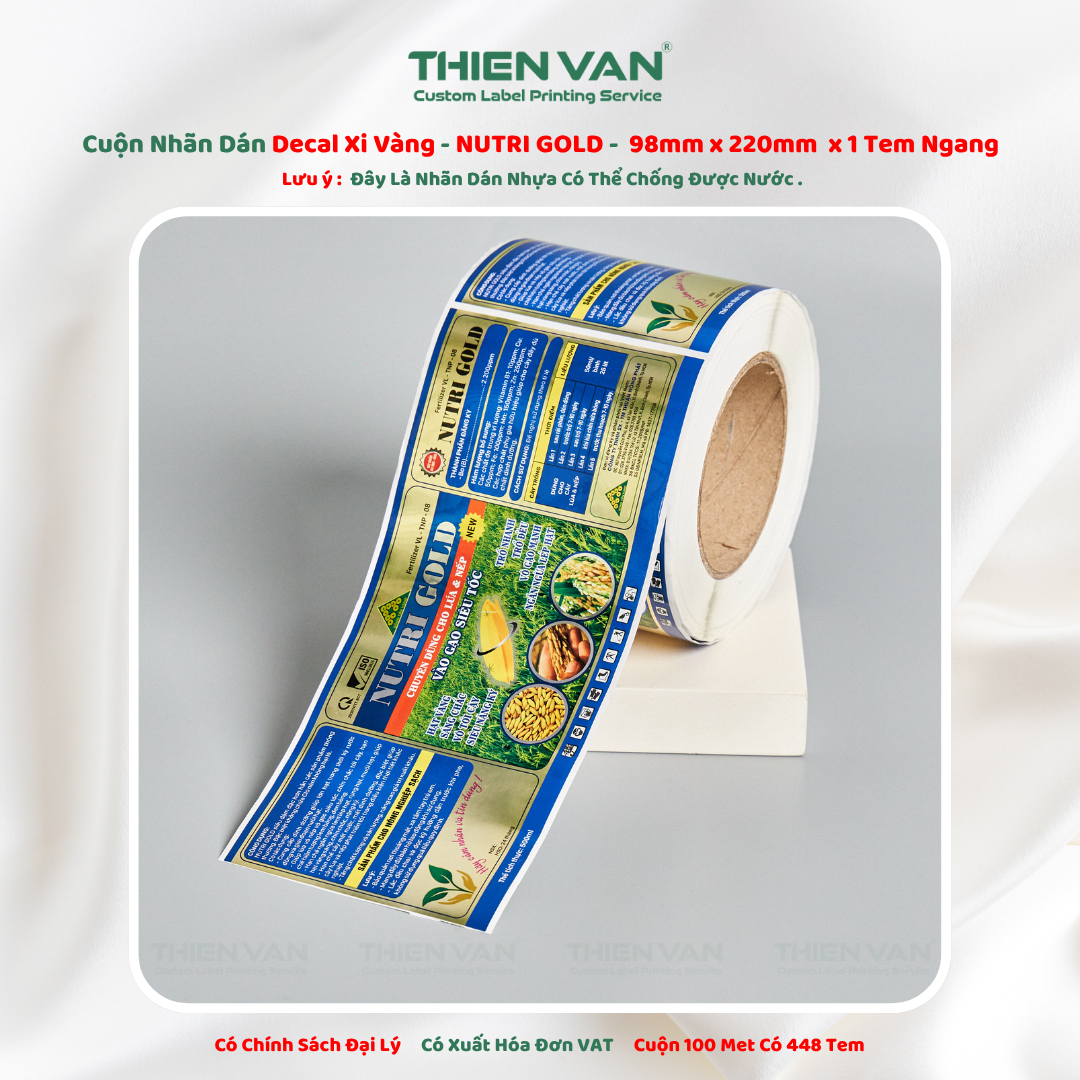 98mm x 220mm x 1 Tem Ngang  Decal Xi Vàng Quấn Cuộn In Thông Tin NUTRI GOLD