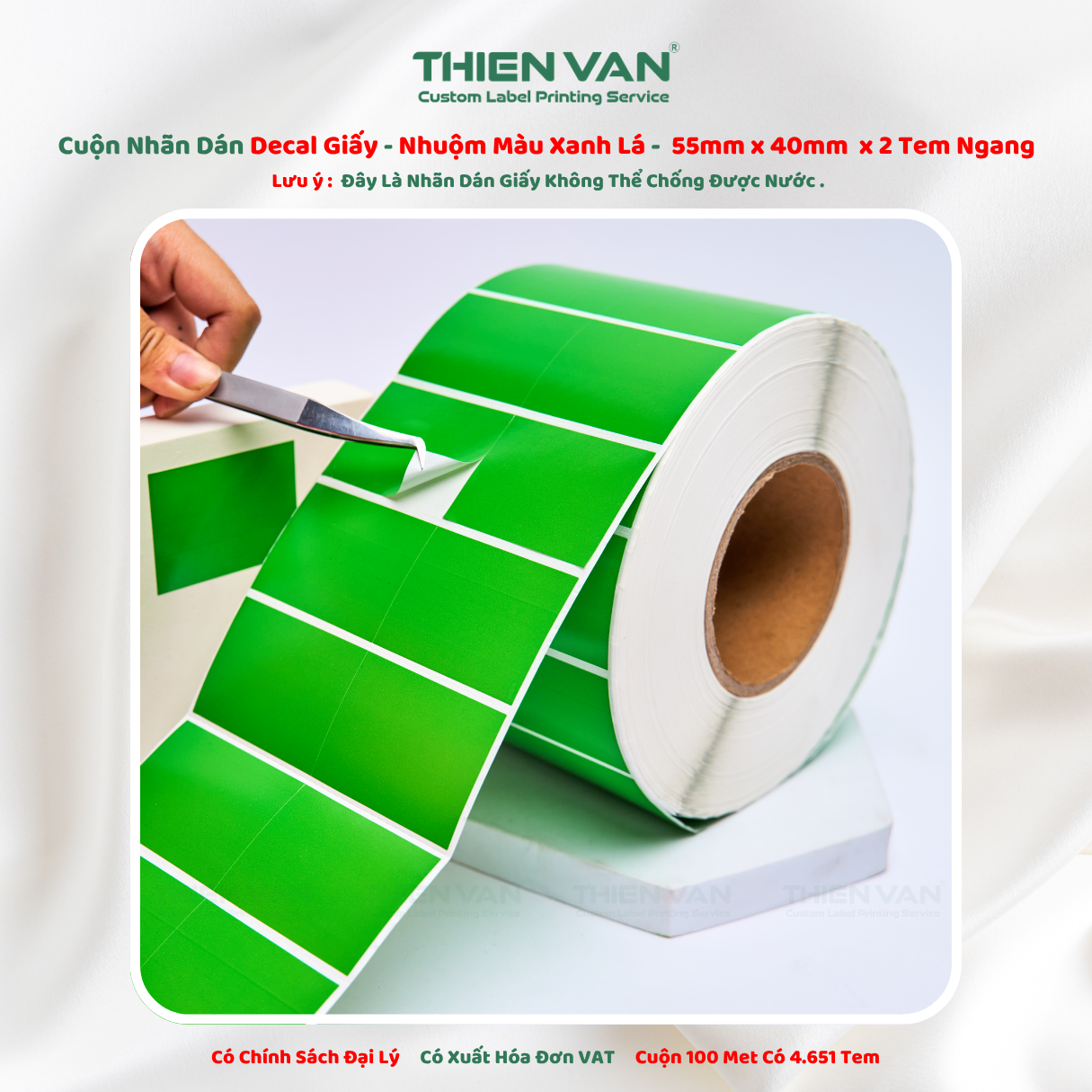 55mm x 40mm x 2 Tem Ngang  Decal Cuộn Nhuộm Màu Xanh Lá