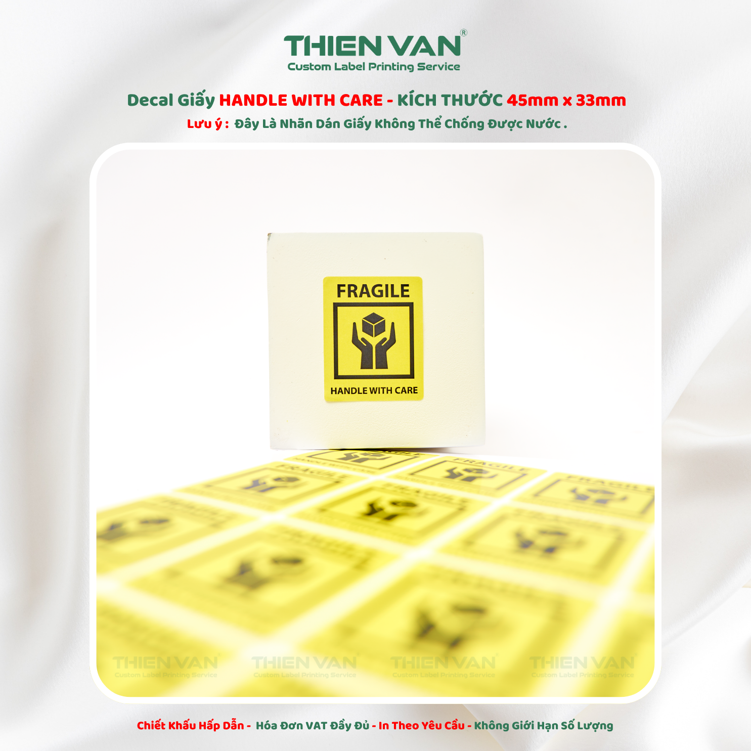 Nhãn Dán Decal Giấy - 45mm x 36mm - FRAGILE HANDLE WITH CARE