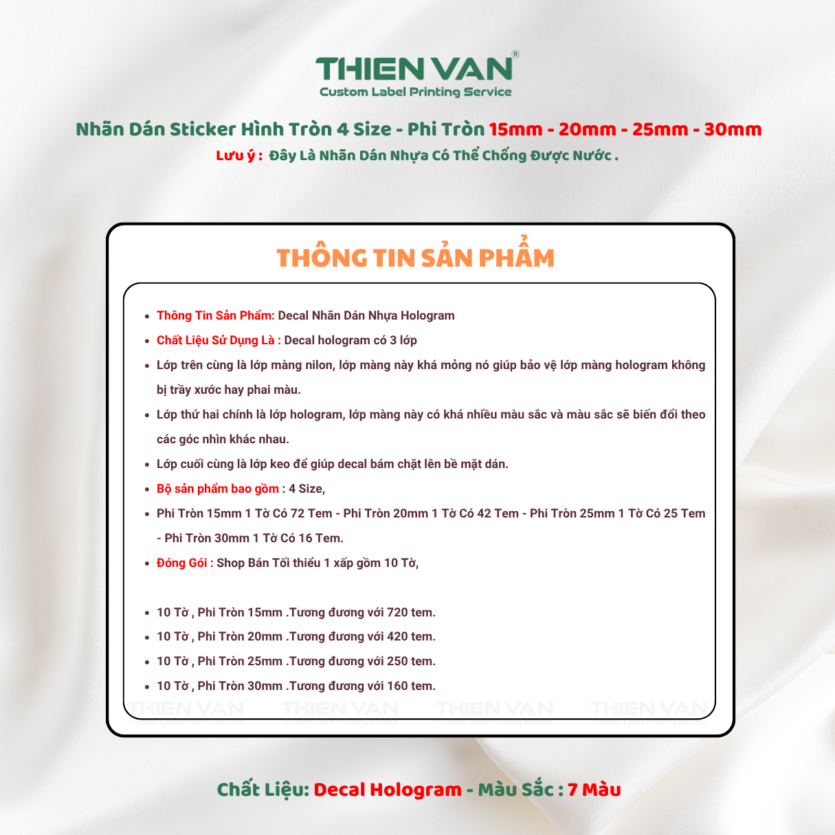 Decal Nhãn Dán Nhựa Hologram 7 Sắc Cầu Vồng Không Thấm Nước 4 Size Phi Tròn Thien Van - Ảnh 10