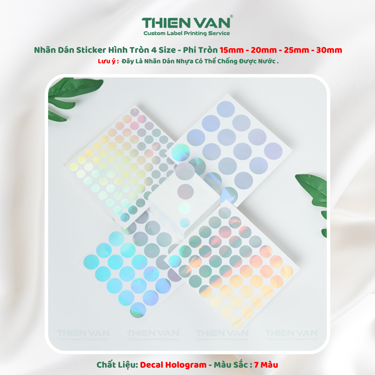 Decal Nhãn Dán Nhựa Hologram 7 Sắc Cầu Vồng Không Thấm Nước 4 Size Phi Tròn Thien Van