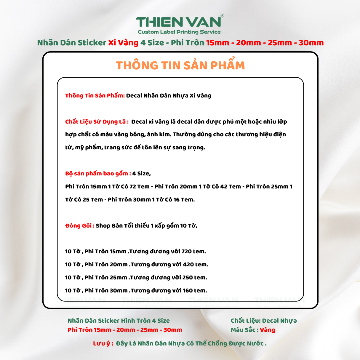 Tem Nhãn Decal Xi Vàng Phi Tròn Không Thấm Nước 4 Size Dán Logo Sản Phẩm Thien Van - Ảnh 8