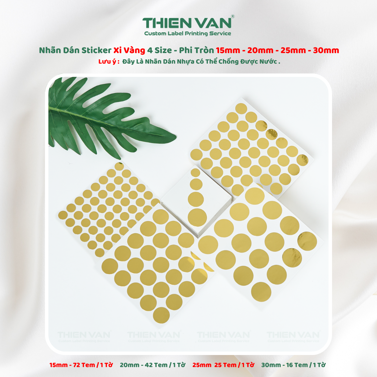 Tem Nhãn Decal Xi Vàng Phi Tròn Không Thấm Nước 4 Size Dán Logo Sản Phẩm Thien Van