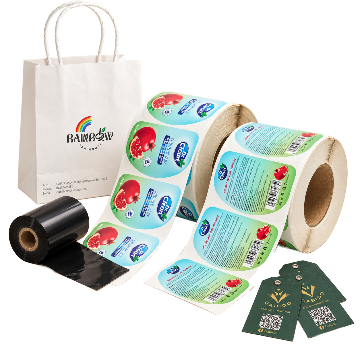 Cuộn nhãn in màu, túi giấy, ribbon mực in và thẻ treo được phối từ ảnh sản phẩm Thiên Văn