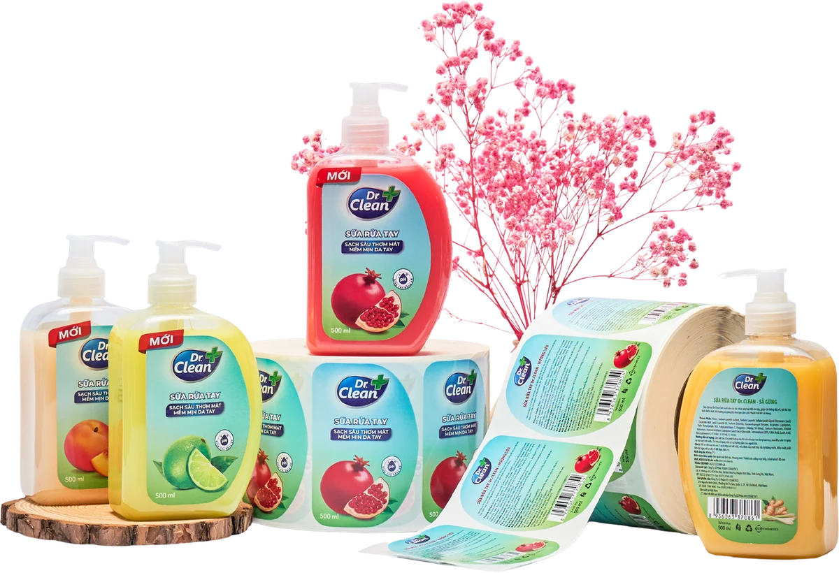 Mẫu tem nhãn Dr.Clean in màu và ứng dụng nhãn trên bao bì chai