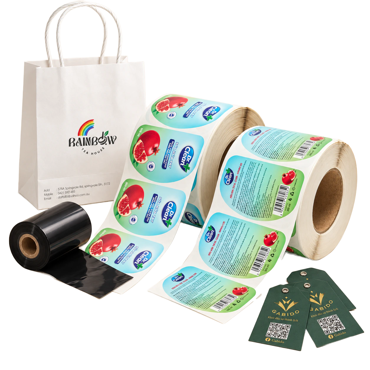 Cuộn nhãn in màu, túi giấy, ribbon mực in và thẻ treo được phối từ ảnh sản phẩm Thiên Văn